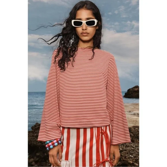 NWT Zara Limited Edition Striped T-Shirt White Red Size Extra Large - Picture 1 of 5